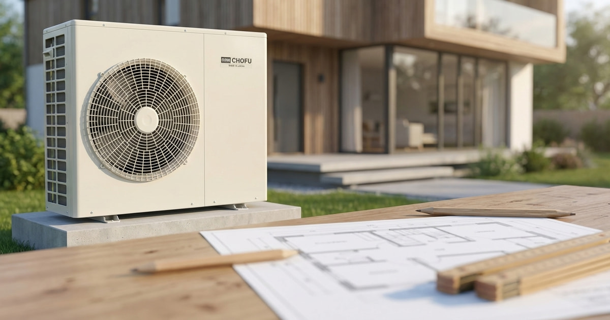 Chofu R290 Wärmepumpe vor einem deutschen Wohnhaus – Symbolbild kommunale Wärmeplanung