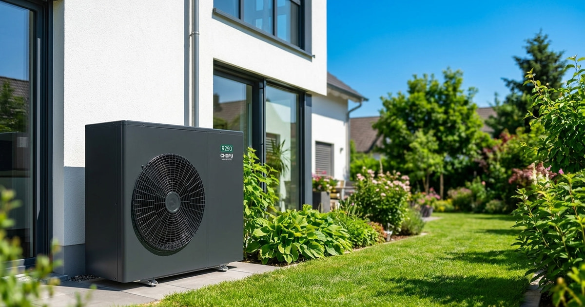 Chofu R290 Wärmepumpe an einem deutschen Einfamilienhaus an einem Sommertag