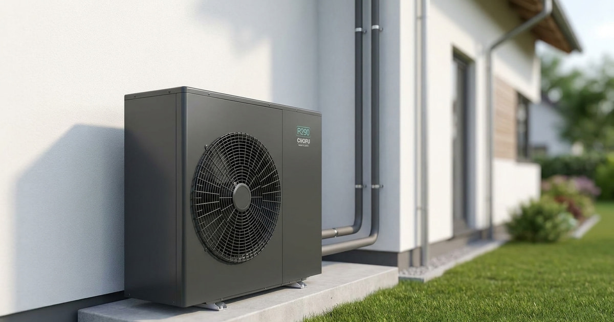 Chofu R290 Monoblock-Wärmepumpe an der Außenwand eines deutschen Einfamilienhauses