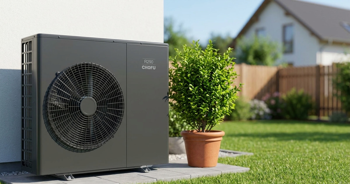 Chofu R290 Wärmepumpe mit natürlichem Kältemittel im Garten eines deutschen Hauses