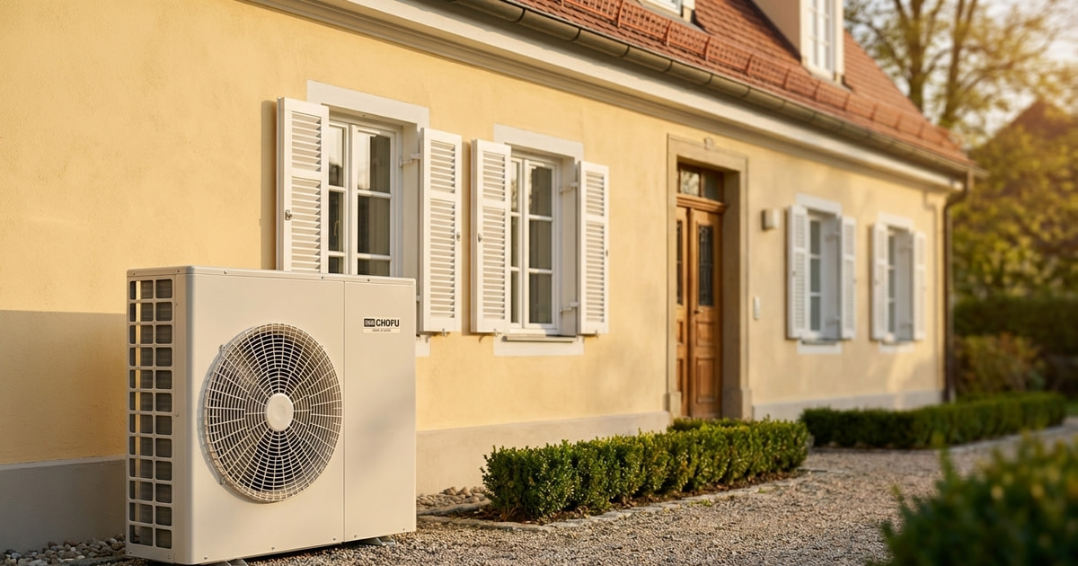 Chofu R290 Wärmepumpe vor einem deutschen Einfamilienhaus – Symbolbild für das Heizungsgesetz 2026