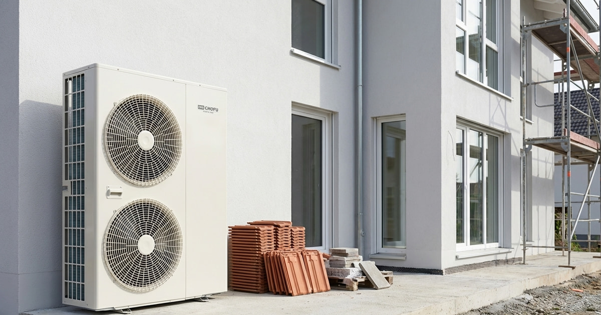 Chofu R290 Wärmepumpe vor einem deutschen Einfamilienhaus – Symbolbild für die KfW-Heizungsförderung 2026
