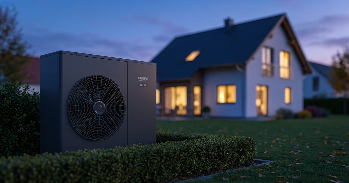 Chofu R290 Wärmepumpe ruhig aufgestellt im Garten eines deutschen Einfamilienhauses, Dämmerung