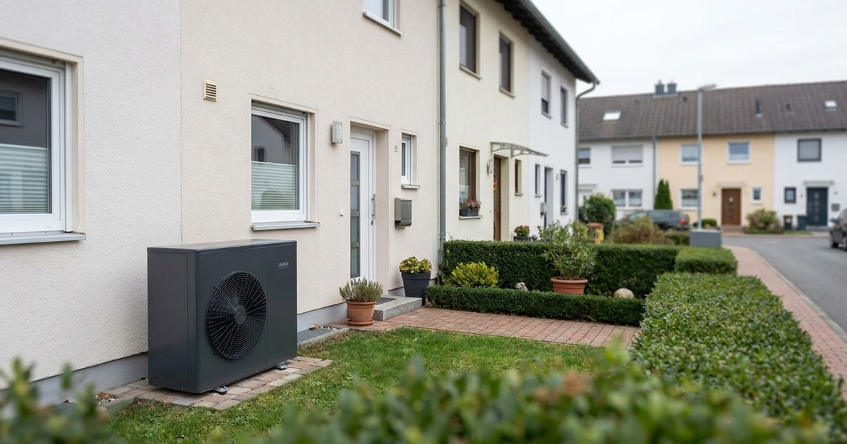 Chofu R290 Wärmepumpe vor einem deutschen Reihenhaus – Symbolbild Vergleich mit Fernwärme