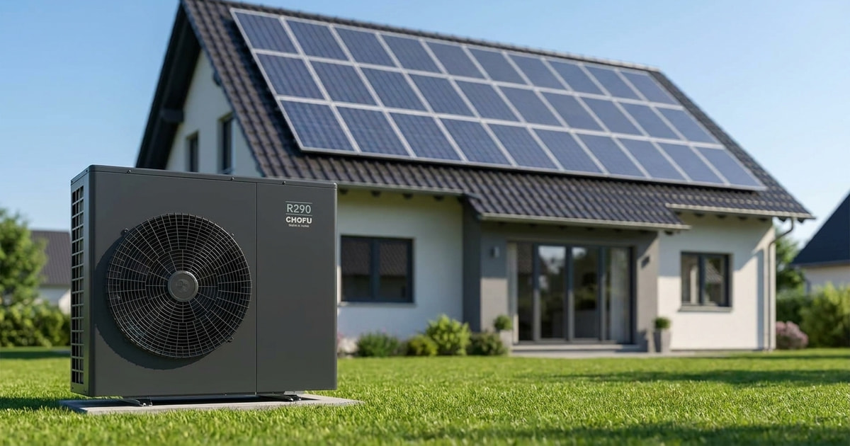 Chofu R290 Wärmepumpe vor einem deutschen Einfamilienhaus mit Photovoltaik-Anlage auf dem Dach