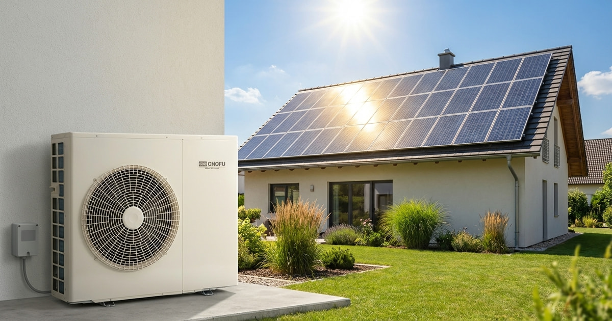 Chofu R290 Wärmepumpe an einem Einfamilienhaus mit Stromzähler – Symbolbild Stromverbrauch