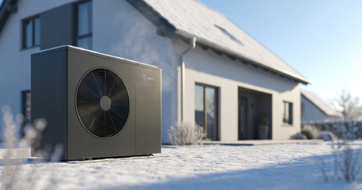 Chofu R290 Wärmepumpe im verschneiten Garten eines deutschen Einfamilienhauses bei klarem Winterlicht