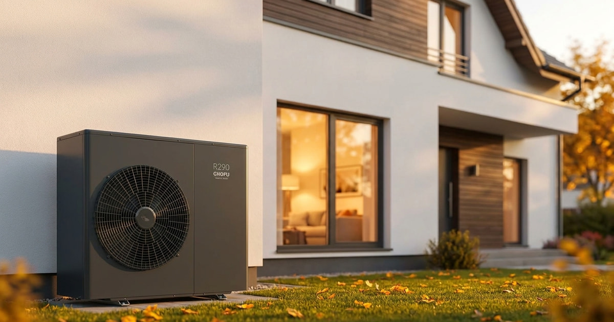 Chofu R290 Wärmepumpe an einem deutschen Einfamilienhaus – Symbolbild Warmwasserbereitung