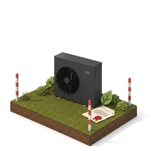 Isometrische Illustration: Chofu-Waermepumpe mit markiertem Schutzbereich, Zertifikat und Blatt als Sinnbild fuer das natuerliche Kaeltemittel