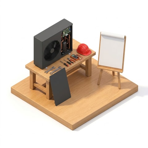 Isometrische Illustration: Werkbank mit geoeffneter Chofu-Waermepumpe, Werkzeug, Helm und Flipchart