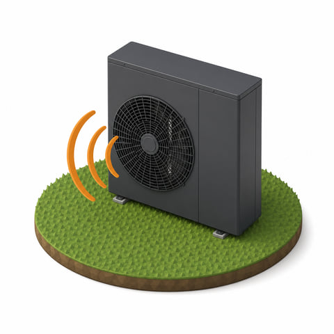 Illustration: Wärmepumpe mit Schallbögen — Schallleistungspegel