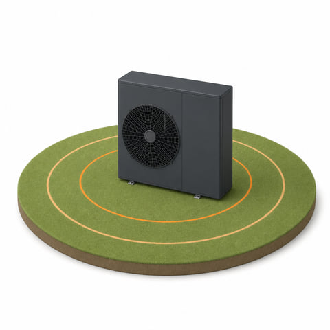 Illustration: Wärmepumpe mit konzentrischen Ringen — Abstandsdämpfung