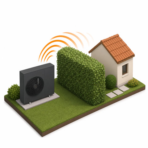 Illustration: Hecke zwischen Wärmepumpe und Haus — Barriere und Beugung