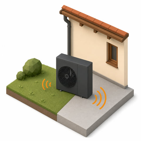 Illustration: Wärmepumpe zwischen Rasen und Beton — Untergrund und Bodeneffekt