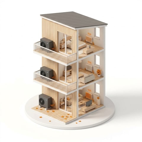 Schnittbild Mehrparteienhaus mit einer Wärmepumpe je Wohnung