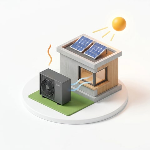 Isometrische Illustration: Wärmepumpe mit PV-Dach und Sonne, Heizen und Kühlen