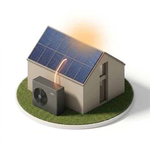 Isometrische Illustration: PV-Dach speist Strom in die Chofu Wärmepumpe