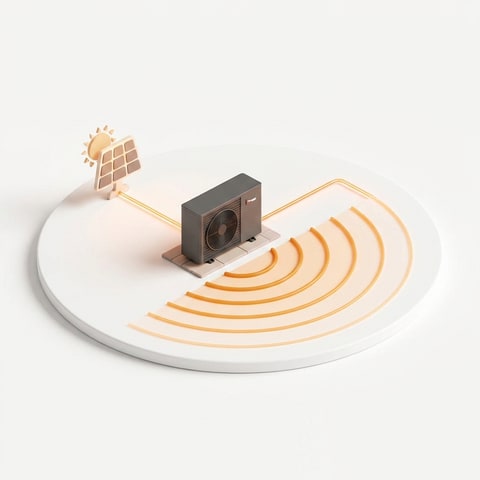Isometrische Illustration: Solarstrom wird von der Wärmepumpe vervielfacht